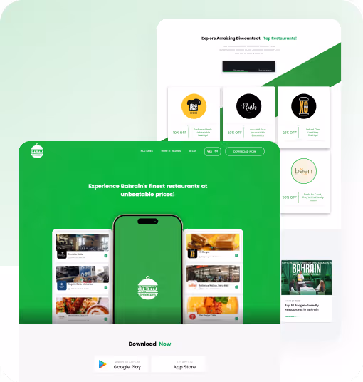 Screenshot of a green-themed app interface showcasing Bahrain's finest restaurants with mobile phone mockups and discount offers, including download buttons for Google Play and App Store.
