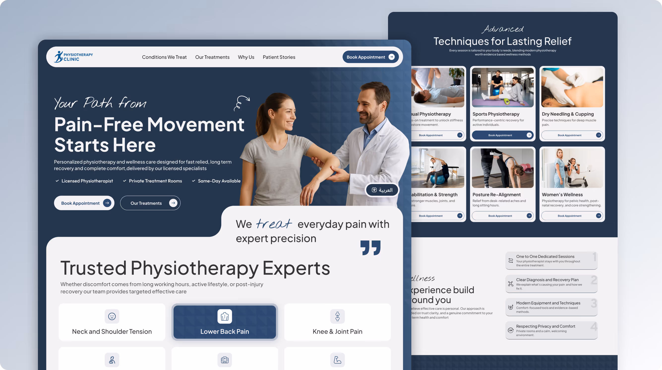 Physiotherapy clinic website interface showing pain-free movement services, trusted experts, treatment options for neck, back, knees, and advanced relief techniques with images of therapy sessions.