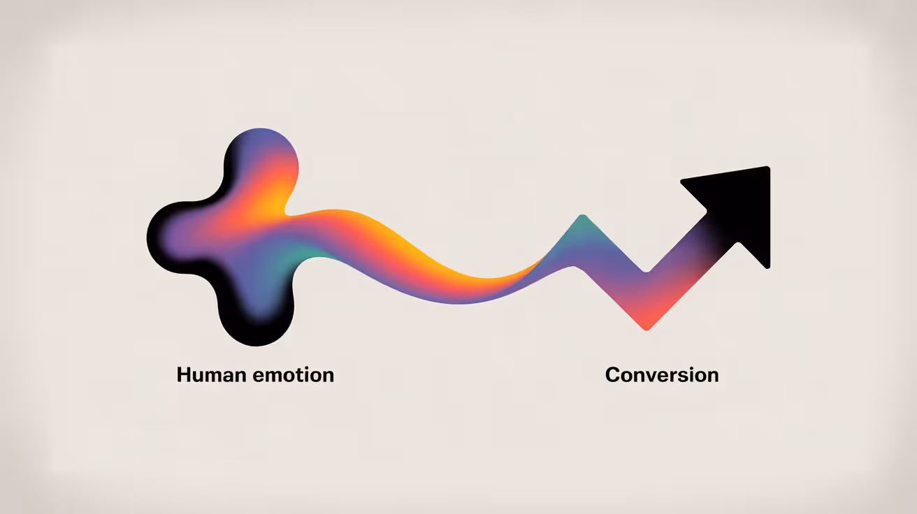 Abstract colorful shape labeled 'Human emotion' transforming into a black upward arrow labeled 'Conversion'.