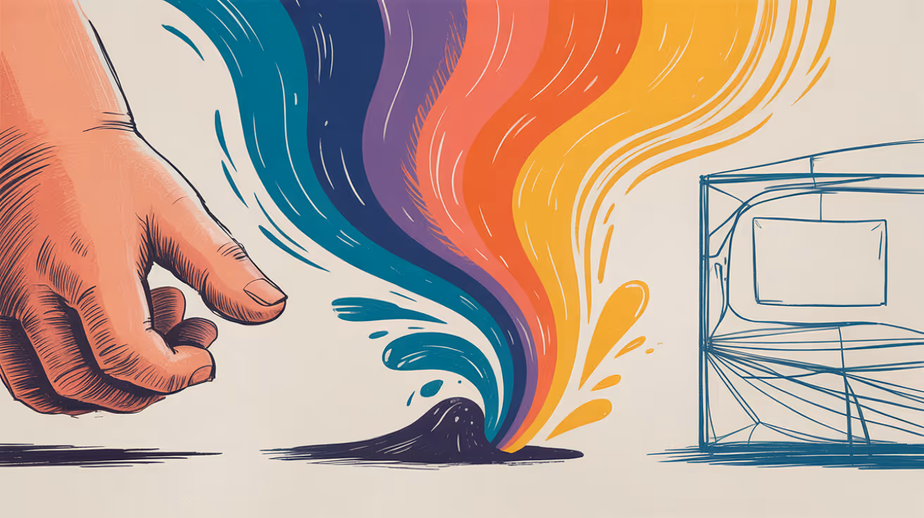 Illustration of a hand creating a colorful splash of paint flowing towards a geometric frame.