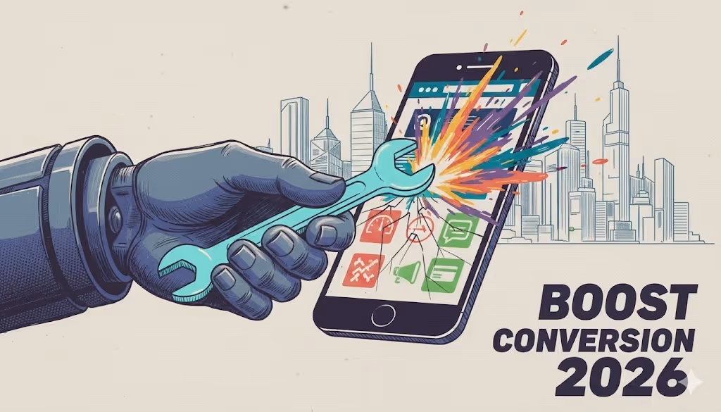 Illustration of a robotic hand holding a wrench striking a smartphone screen with colorful sparks, text 'BOOST CONVERSION 2026' and city skyline in the background.
