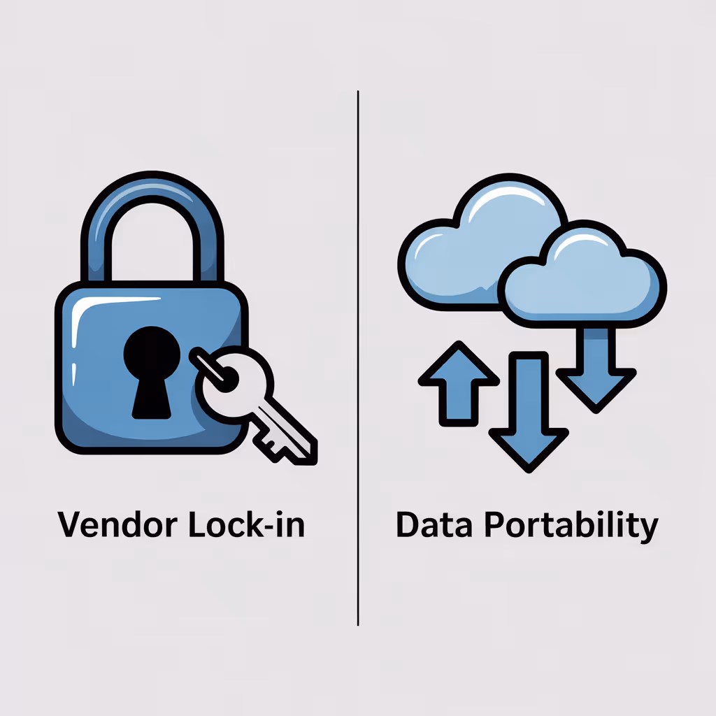 Illustrations of a locked padlock with a key labeled 'Vendor Lock-in' and two clouds with arrows indicating upload and download labeled 'Data Portability'.