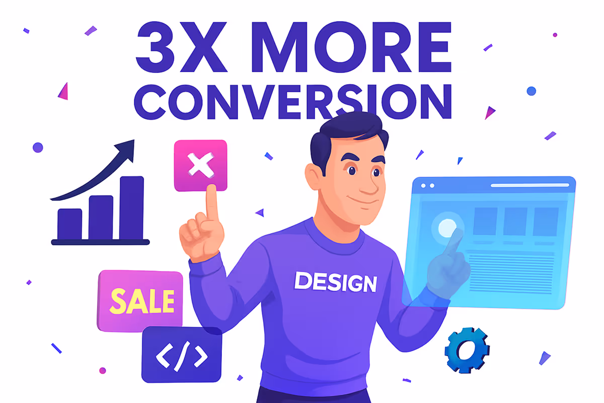 Illustration of a man in a purple shirt labeled 'DESIGN' interacting with icons including a growth chart, sale tag, code symbol, and a website interface, with the text '3X MORE CONVERSION' above.