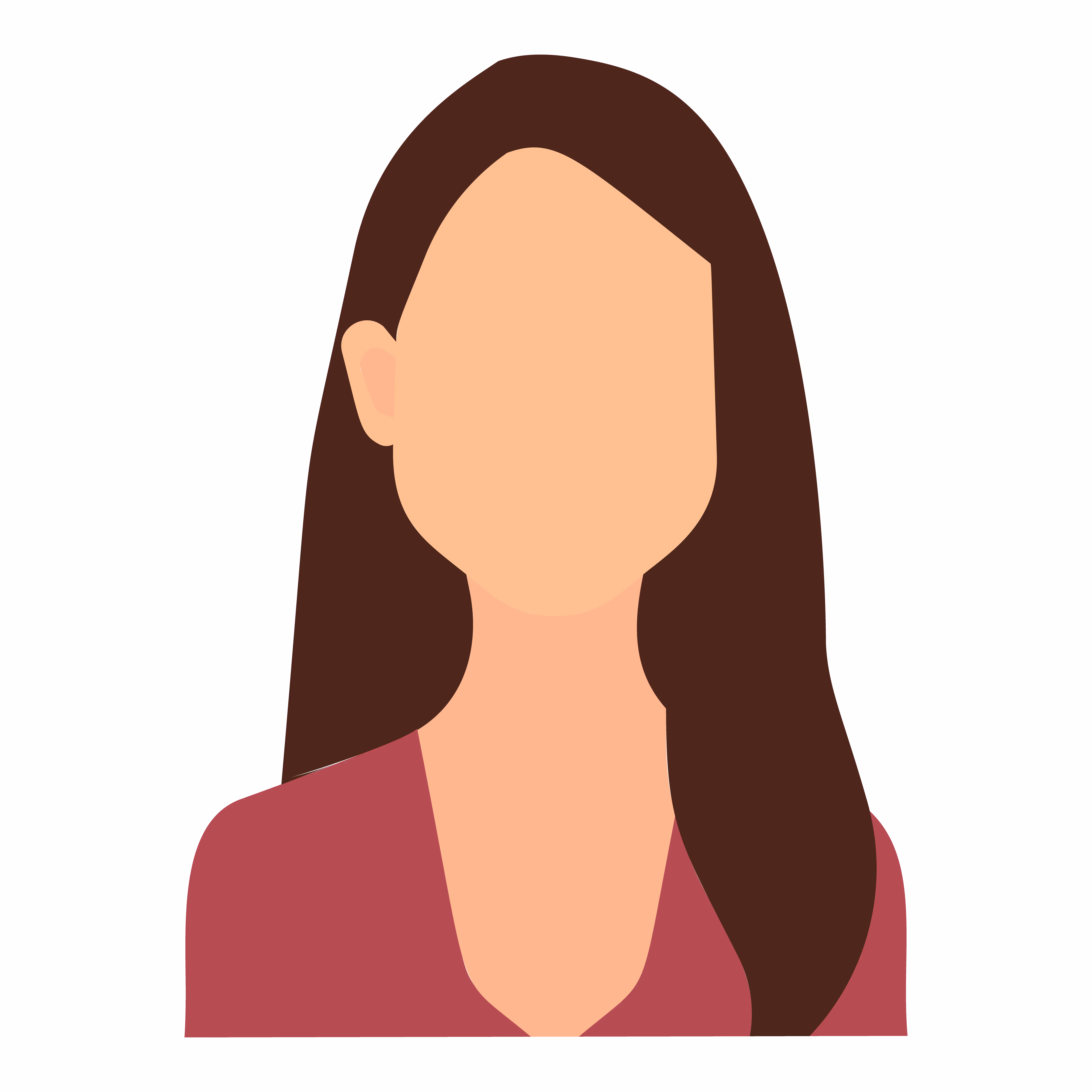 Illustration of a woman with long brown hair wearing a maroon top, faceless.