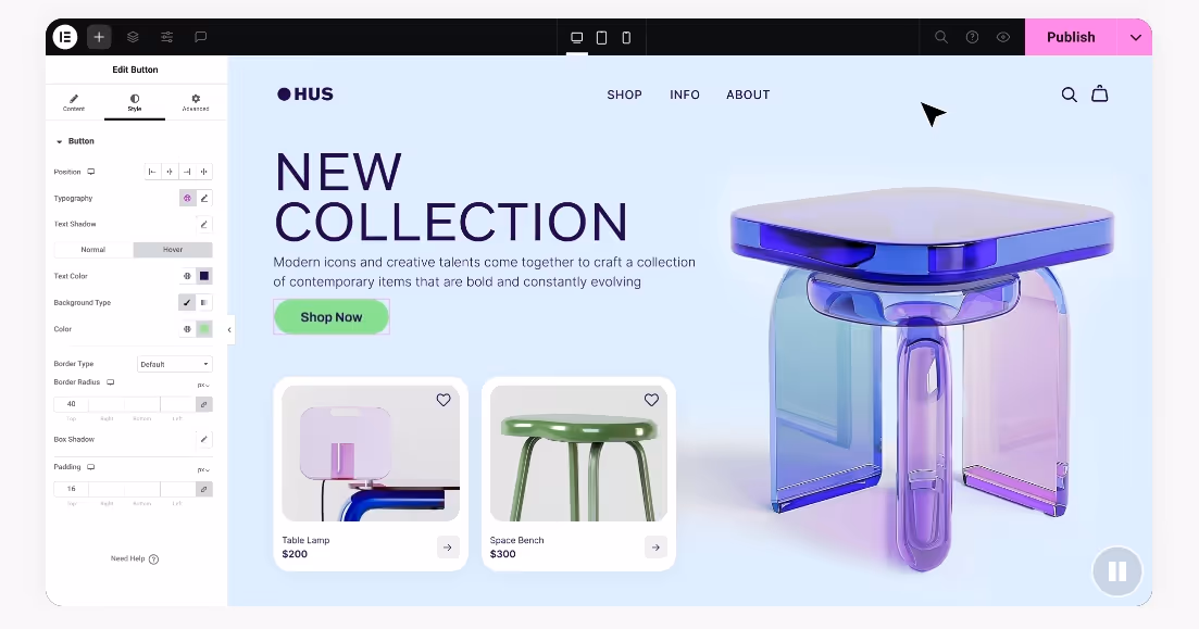 Web page design interface showing a new collection of modern furniture with a purple translucent stool, table lamp, and space bench, with navigation and styling options visible.