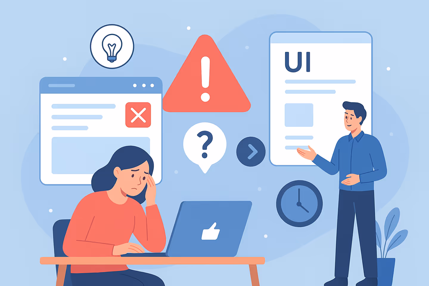 Illustration of a frustrated woman working on a laptop with UX error icons around and a man presenting UI design concepts.