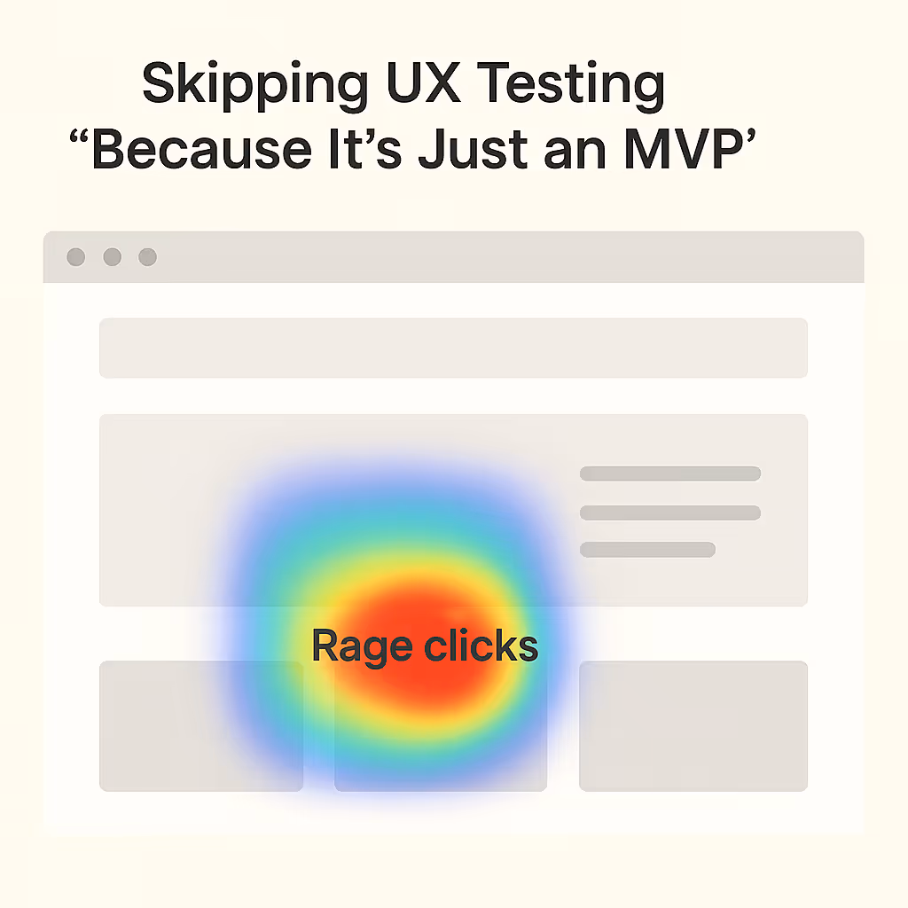 Heatmap on a webpage showing concentrated rage clicks in the central area below the header with text 'Skipping UX Testing Because It’s Just an MVP'.