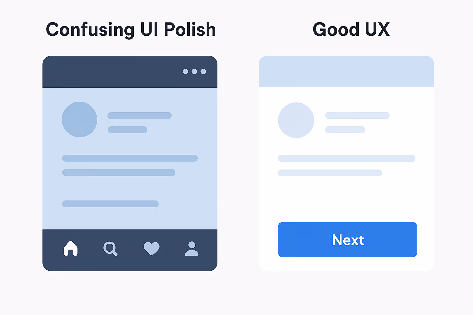 Side-by-side comparison showing a cluttered app interface titled 'Confusing UI Polish' with multiple icons and dark backgrounds versus a clean interface titled 'Good UX' with simple text and a prominent blue Next button.
