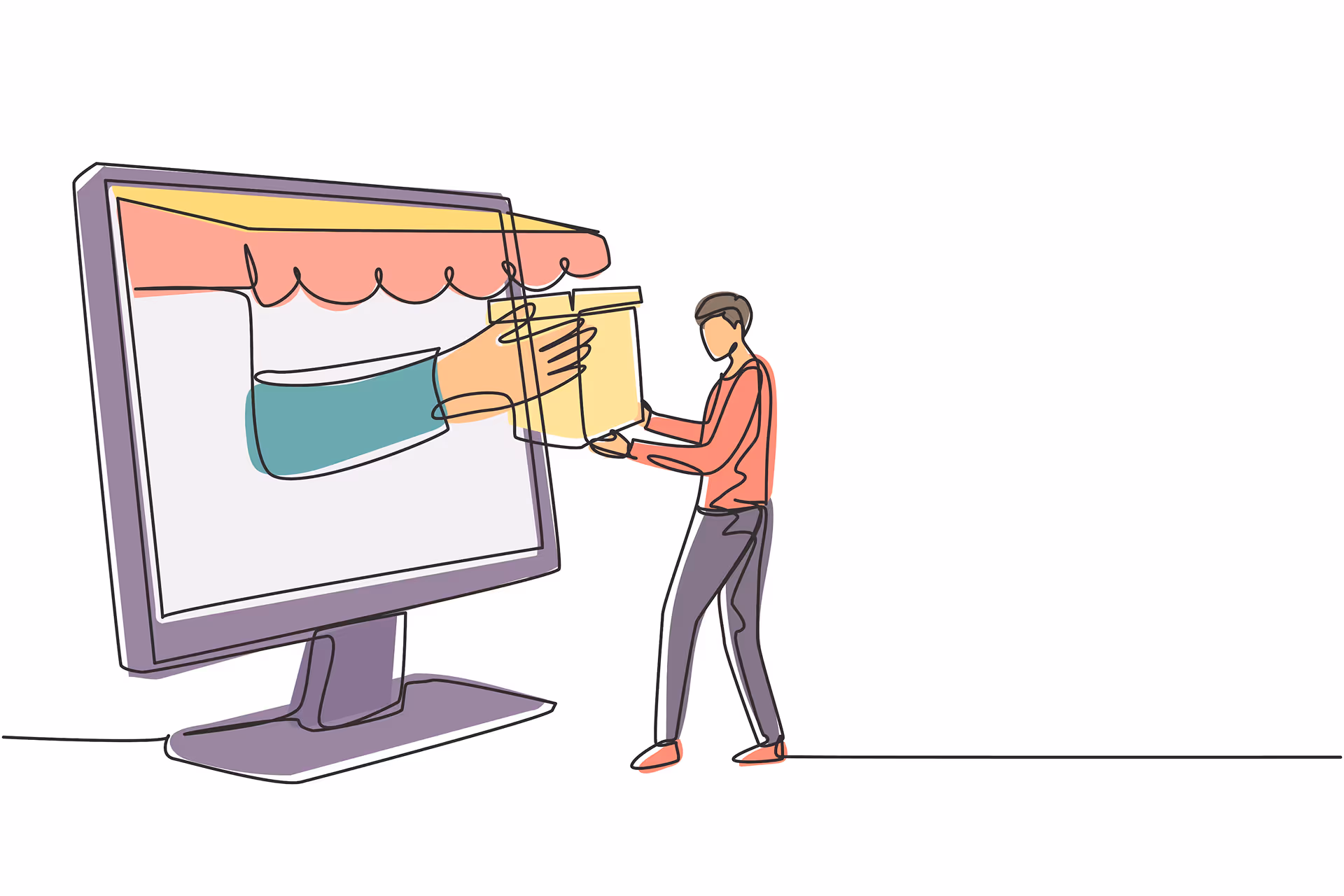 Illustration of a person receiving a package from a hand extending out of a computer monitor with an awning, symbolizing online shopping or delivery.