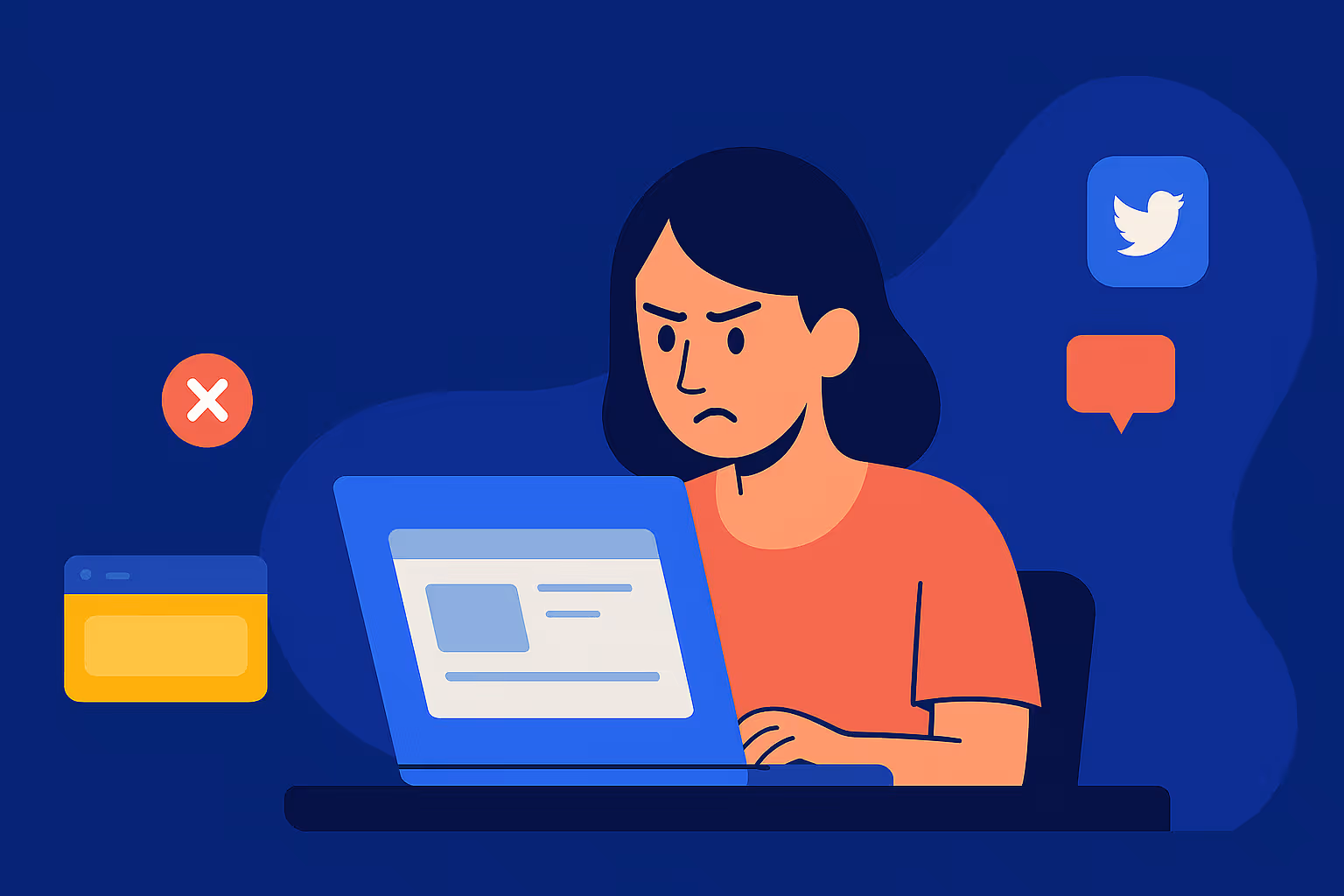 Illustration of a frustrated woman working on a laptop, surrounded by social media icons and a red error symbol.