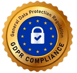 Gold badge with blue circle featuring a padlock and stars, labeled General Data Protection Regulation GDPR Compliance.