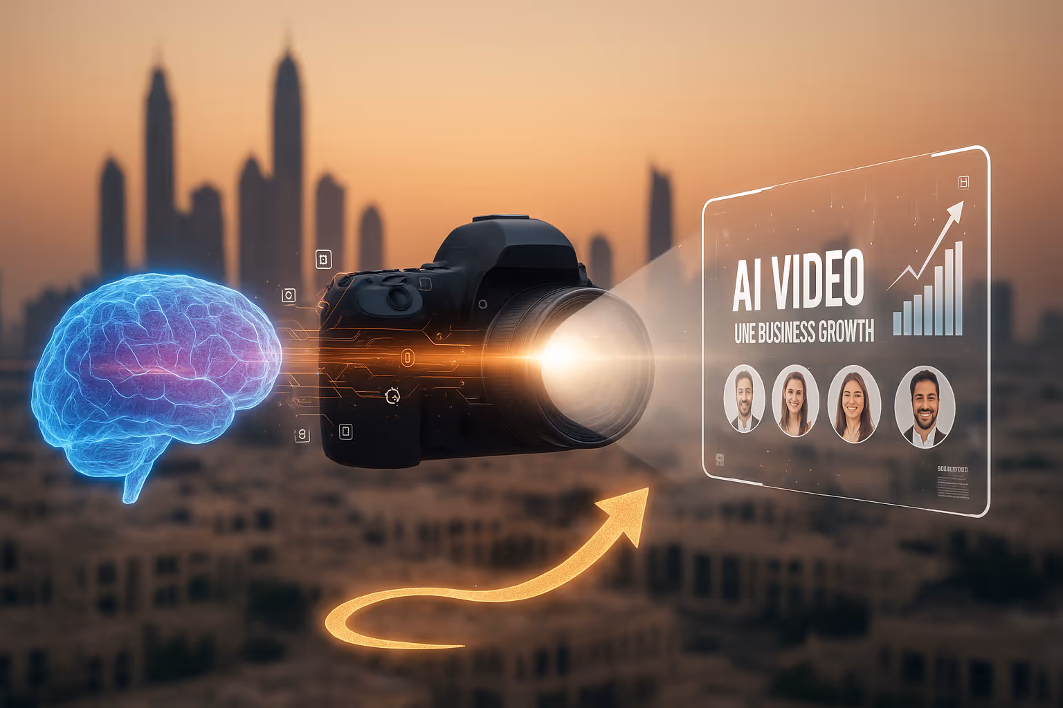 Digital concept showing a glowing brain connected to a camera projecting a holographic screen with AI video business growth and profile photos.