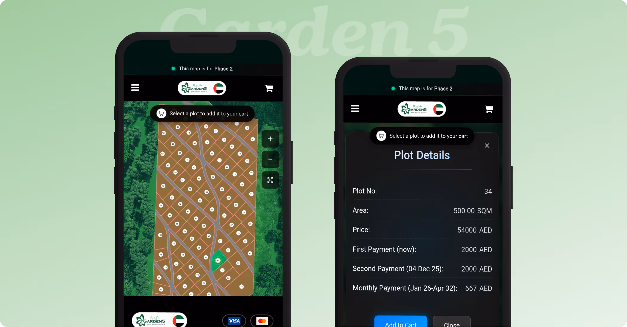 Two smartphones displaying a property plot map and plot details for Garden 5 Phase 2, including plot number, area, price, and payment schedule in AED.
