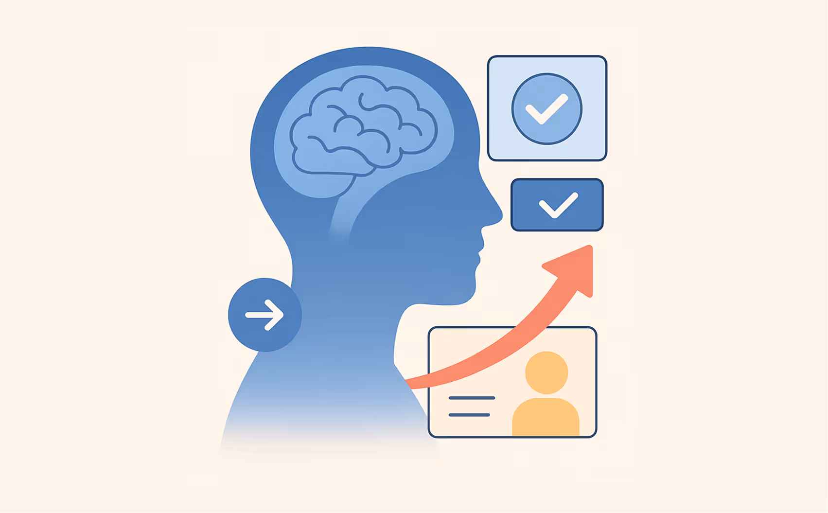 Blue silhouette of a human head with a brain inside, arrow pointing right, check marks, and an ID card connected by an upward red arrow.