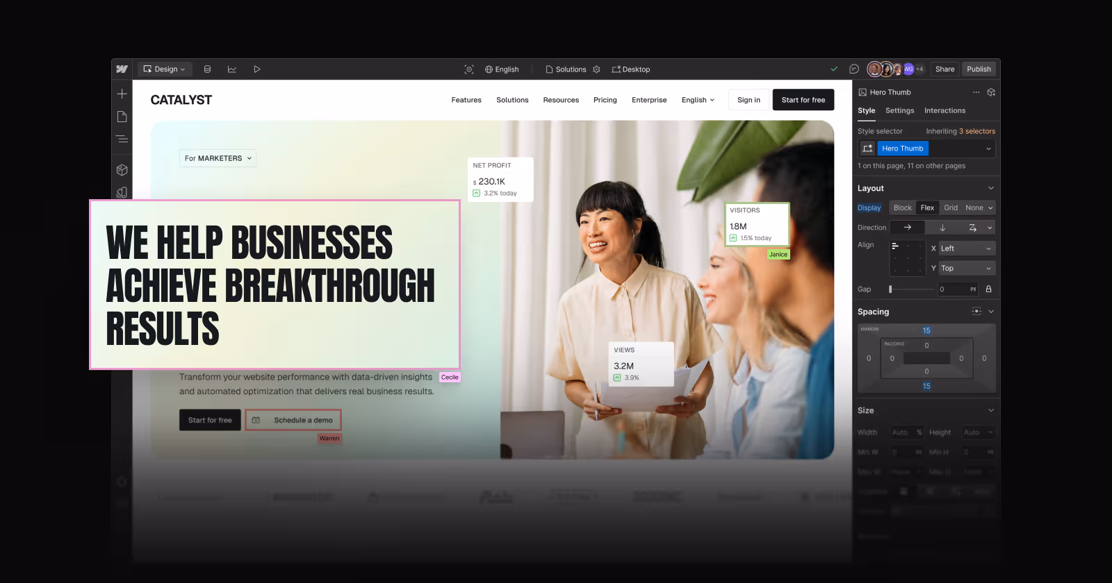 Web design interface showing a business website homepage with text 'We help businesses achieve breakthrough results' and three people smiling in the hero image.