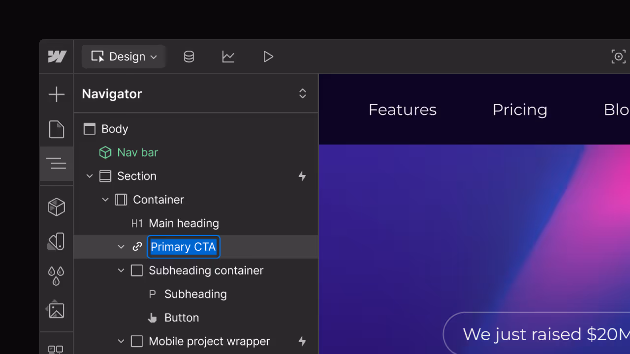 Web design interface showing a Navigator panel with hierarchy containing Body, Nav bar, Section, Container, and highlighted link labeled Primary CTA.