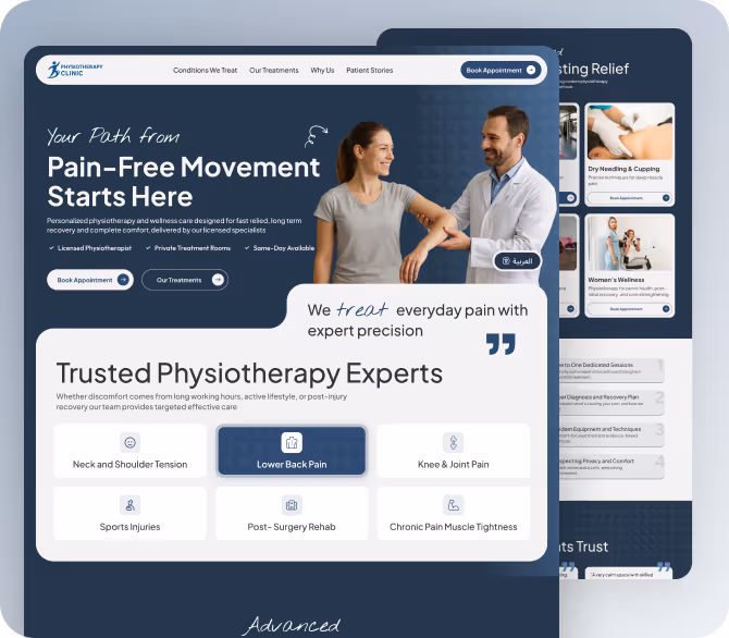 Physiotherapy clinic webpage showing a smiling female patient stretching her arm guided by a male therapist, with text about pain-free movement and treatment options for various pain types.